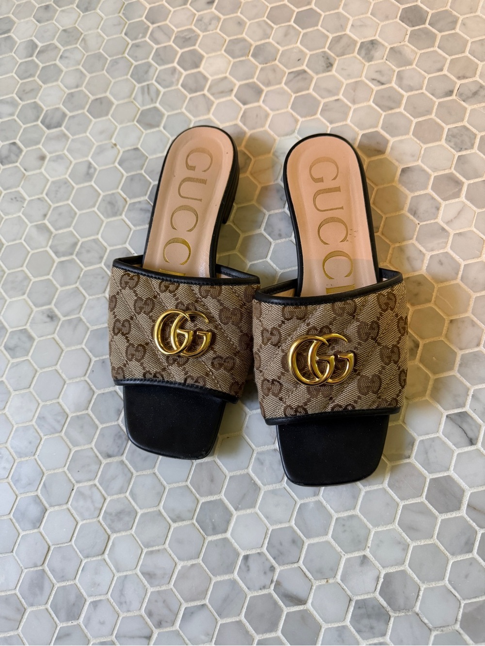Gucci Brown Monogram GG Logo Slide Mules with Black Footbed